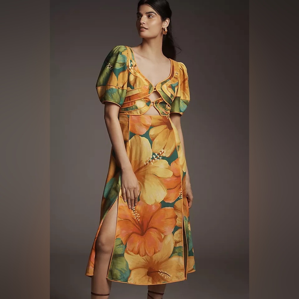 FARM Rio Linen Blend Short-Sleeve Cutout Midi Dress 🎡 NWT SIZE: S